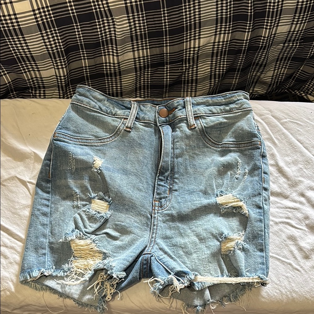 Fashion Nova Blue Distressed Denim Shorts with Frayed Hem